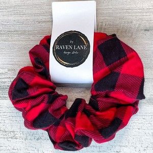 Red Buffalo Flannel Scrunchie | Big Scrunchies Fashion Hair Ties Large Volume